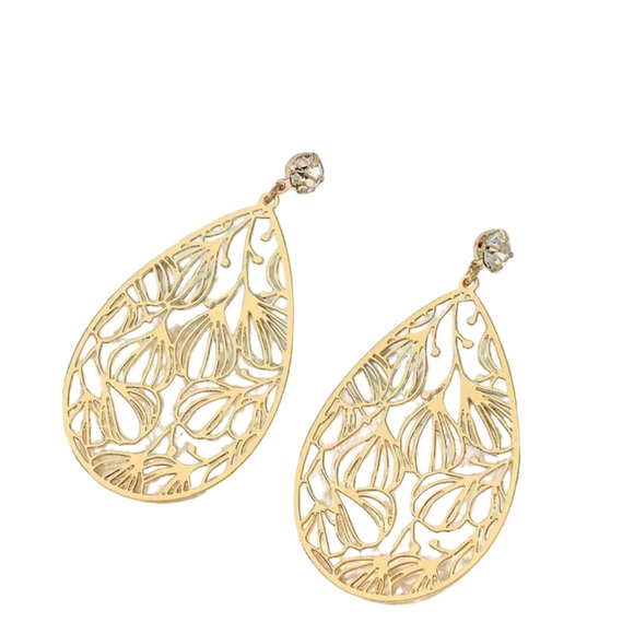 Gold Cut Metal Abstract Design Teardrop Earrings - Picture 1 of 4